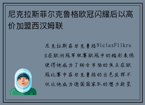 尼克拉斯菲尔克鲁格欧冠闪耀后以高价加盟西汉姆联